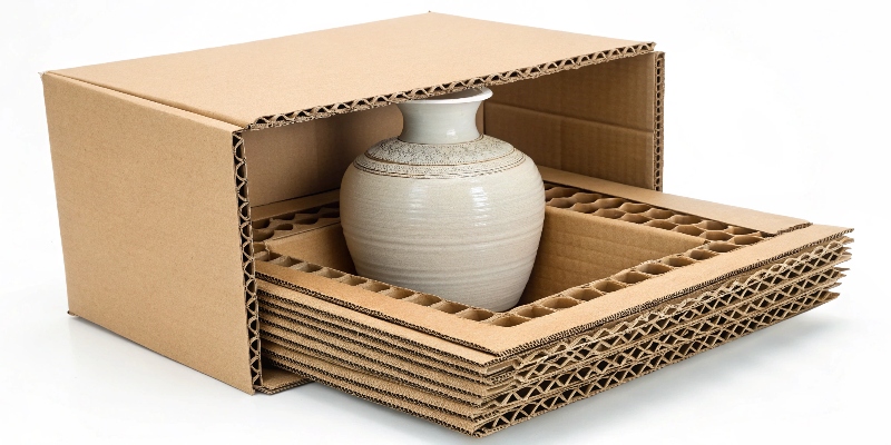 A corrugated cardboard box protecting a fragile item like a vase.