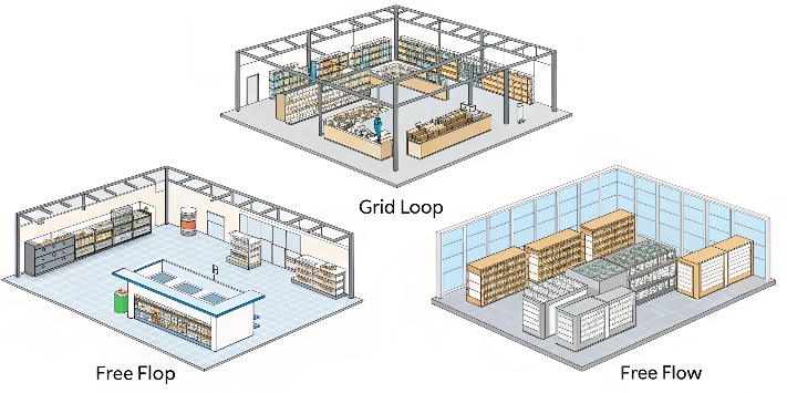 different retail store layout types like grid, loop, and free-flow