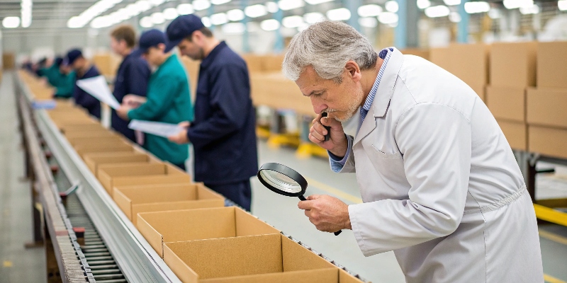 A quality control inspector checking a cardboard display on a production line