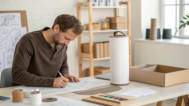 Designer sketching product packaging ideas next to a product