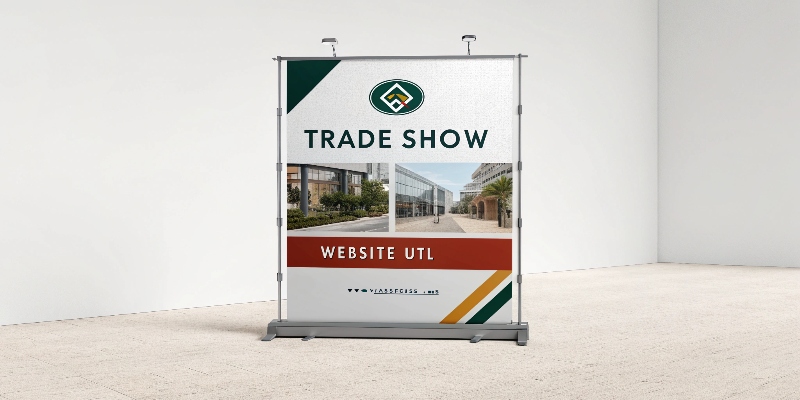 A well-designed pop-up banner at a trade show with clear hierarchy of information.