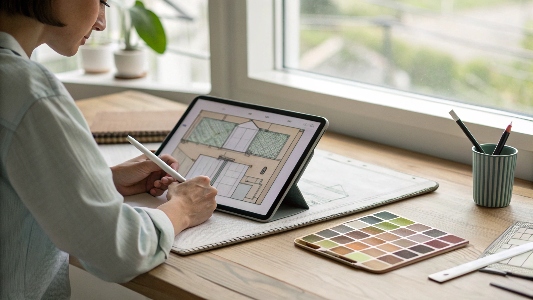 A designer sketching a shop display layout on a tablet.