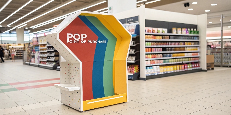 A brightly colored and uniquely shaped POP display standing out in a retail aisle.