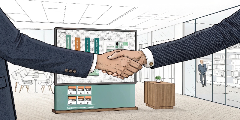 A handshake sealing a partnership in front of a custom POP display design plan.