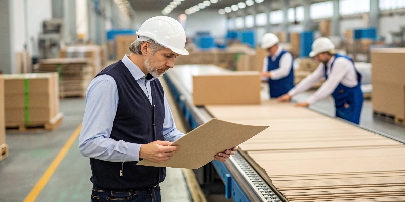 A production floor manager inspecting a sheet of printed cardboard at an inspection station