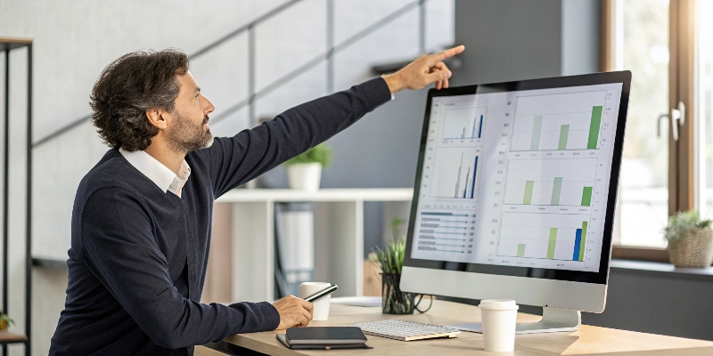 A designer pointing to a screen showing a cost breakdown for a project.