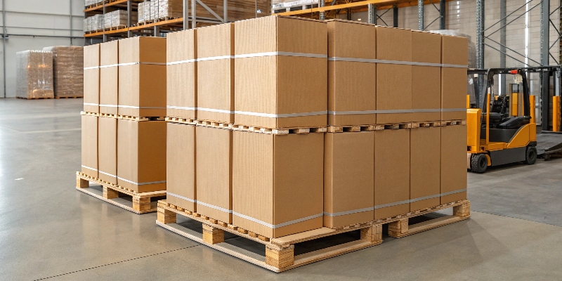 A neatly packed pallet of cardboard displays, ready for safe shipping.