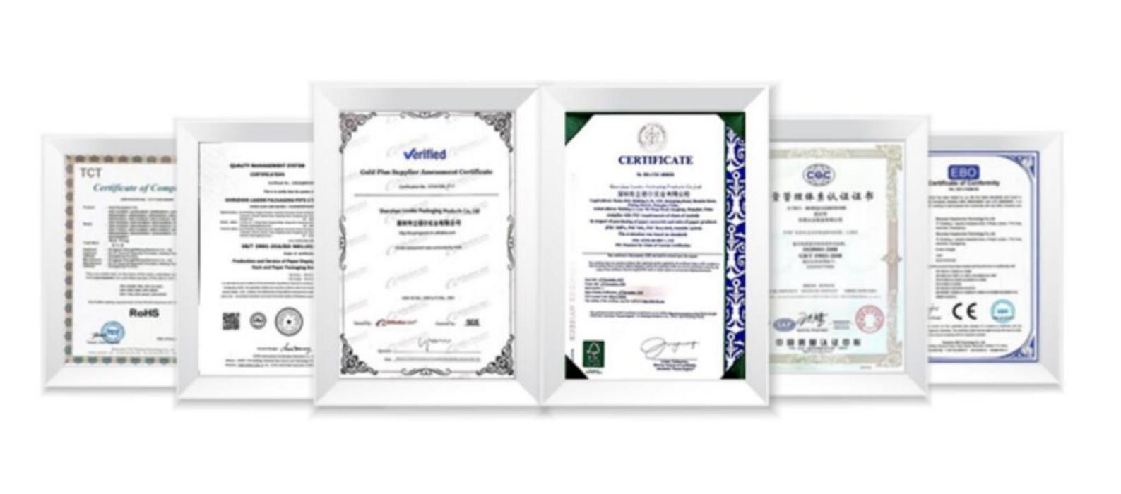 A collection of certification logos like ISO 9001, FSC, and BSCI.