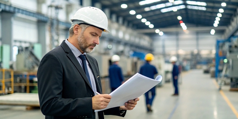 An auditor inspecting a document in a factory setting.