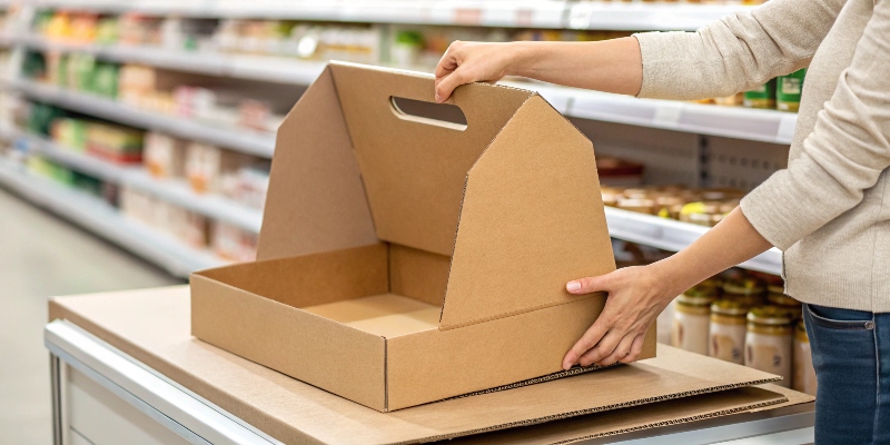 A shelf-ready packaging box being placed on a retail shelf