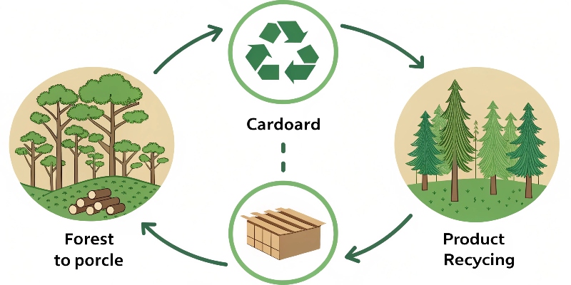 A graphic showing the circular lifecycle of cardboard from forest to product to recycling.