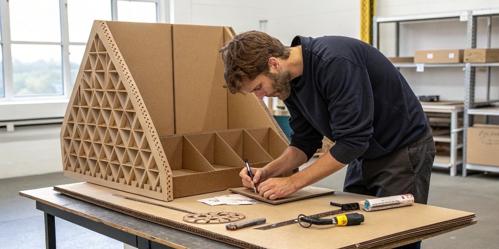 A product designer creating a cardboard display prototype