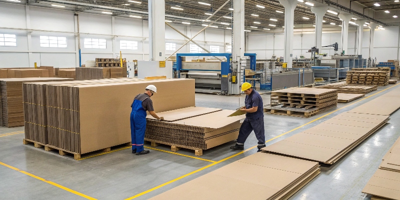 A factory floor showing the process of die-cutting a printed cardboard sheet.