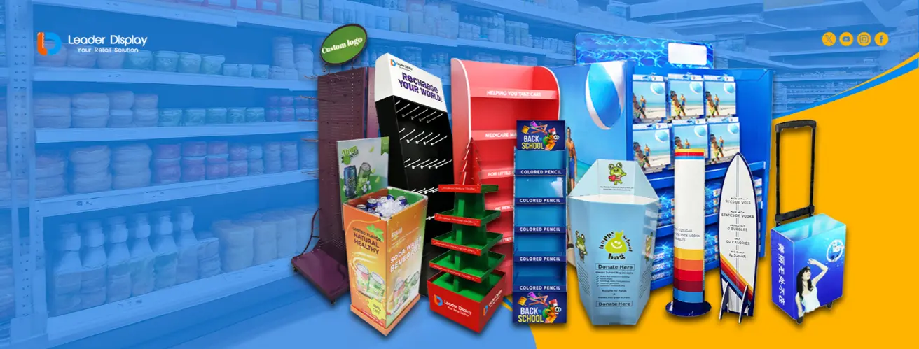 A collection of customized cardboard displays showing different brand logos and colors.