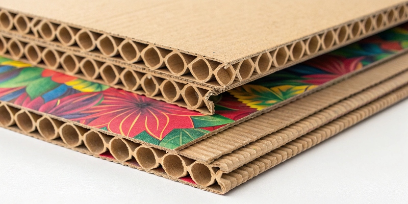 a close-up of corrugated cardboard layers and a printed surface