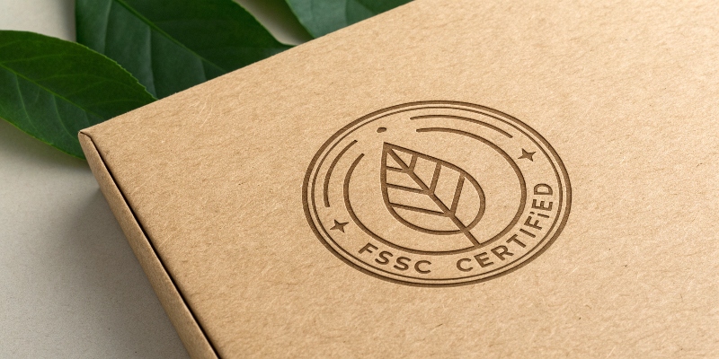 A close-up of the Forest Stewardship Council (FSC) logo printed on a cardboard display