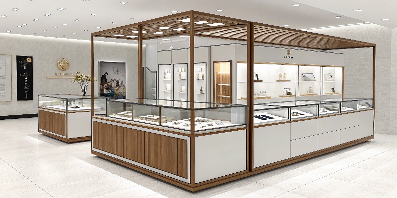 A sleek, minimalist display for a luxury watch brand in a high-end retail store.