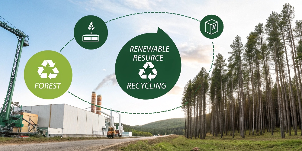 A circular infographic showing the lifecycle of cardboard from forest to recycling.