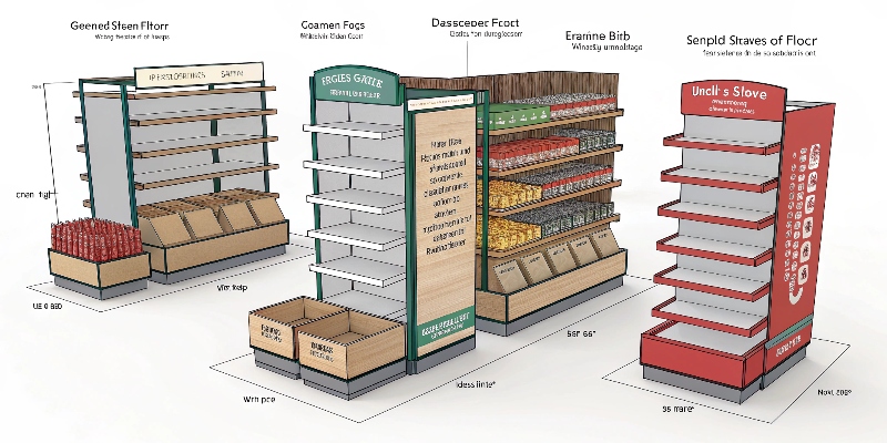 An illustration showing various retail display fixtures like gondolas, endcaps, and POP displays.