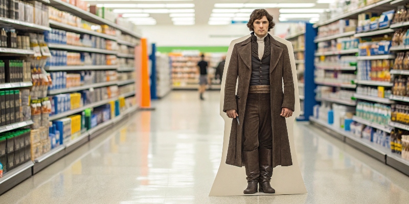 A life-sized cardboard cutout of a popular movie character standing at the end of an aisle.