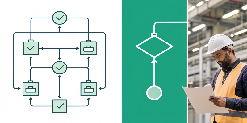 A split image showing a flowchart on one side and a finished product on the other.