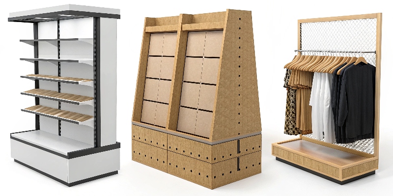 A collage of temporary, semi-permanent, and permanent retail displays