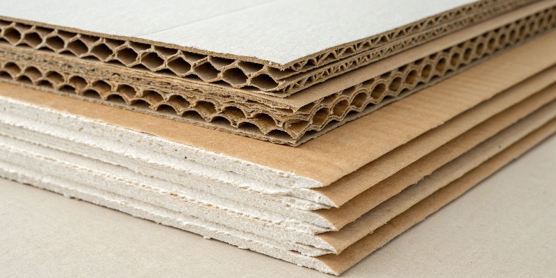 A close-up cross-section showing the layers of corrugated cardboard vs a single layer of paperboard.