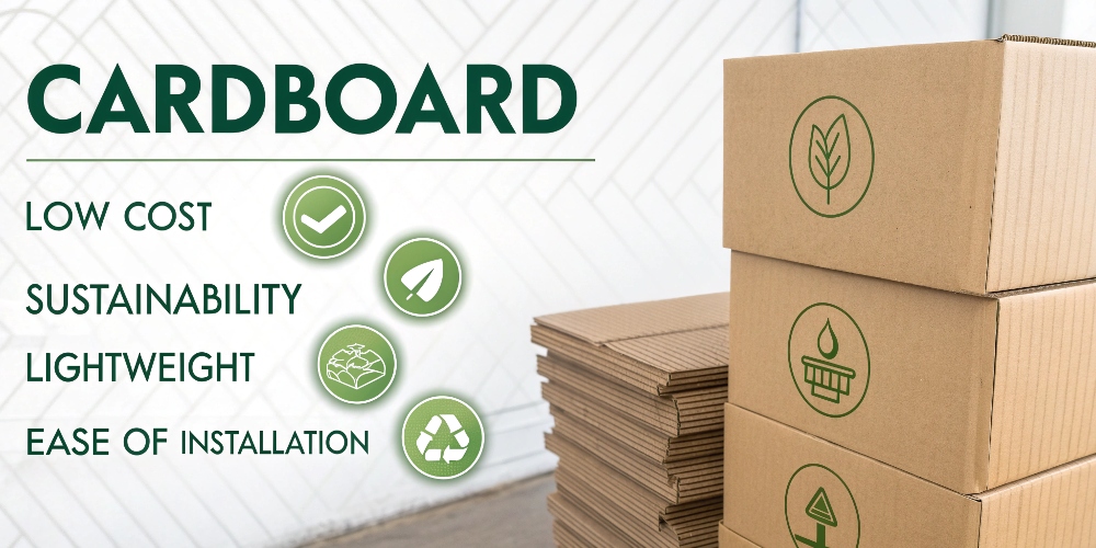 A graphic highlighting the advantages of cardboard: cost, sustainability, and weight