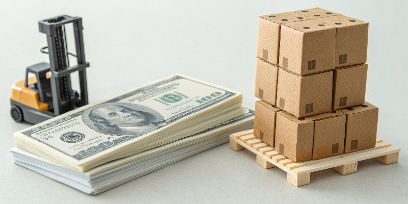 A stack of dollar bills next to a miniature cardboard display