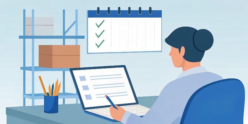 A person at a desk with a checklist, reviewing supplier documents on a computer.
