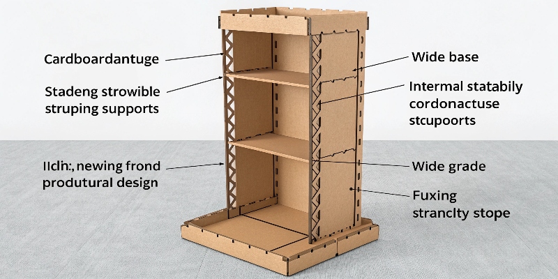 A diagram showing the internal structural support and wide base of a cardboard display stand.