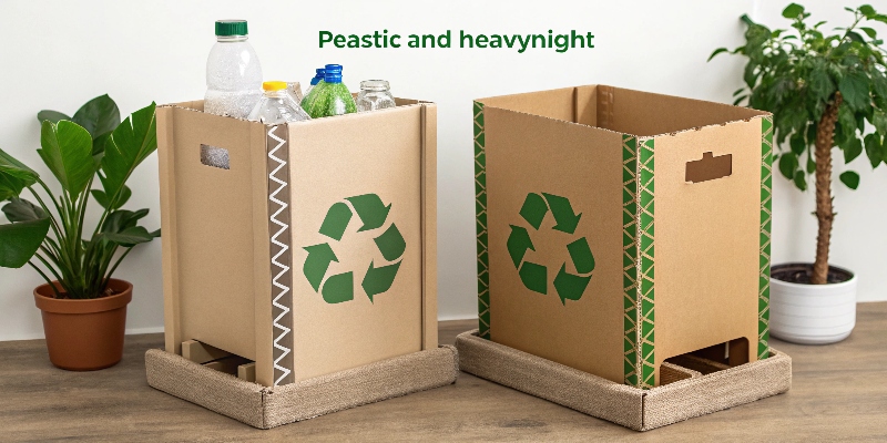 A cardboard display next to a plastic one, with a recycling symbol over the cardboard