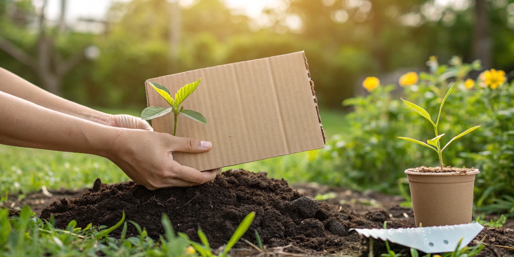 A hand holding a piece of cardboard over clean soil, symbolizing non-toxicity.