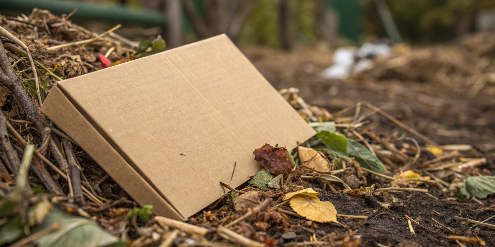 A piece of plain brown cardboard beginning to decompose in a compost pile.
