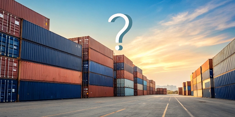 A shipping container yard with a question mark overlaid