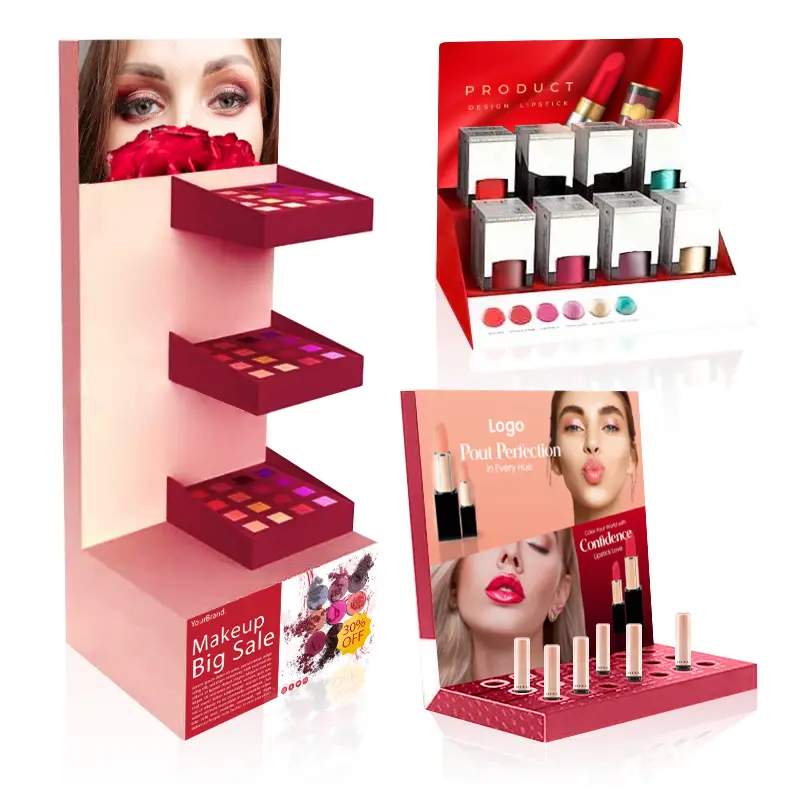 A modular cosmetic display with interchangeable sections and dividers.