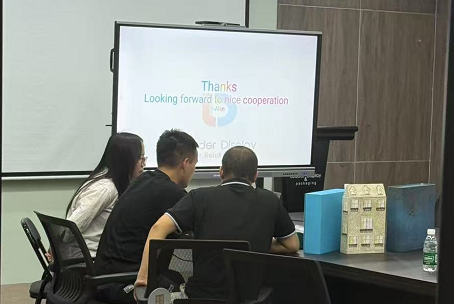 Two professionals, one client and one supplier, having a positive video call discussion.
