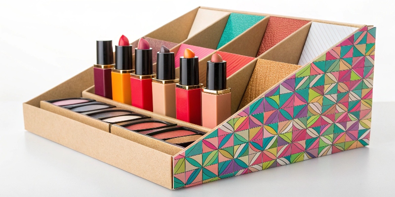 A well-organized cardboard display with dividers for small products