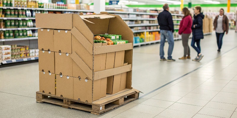 Disadvantages of POP Displays A slightly damaged cardboard display in a busy store aisle