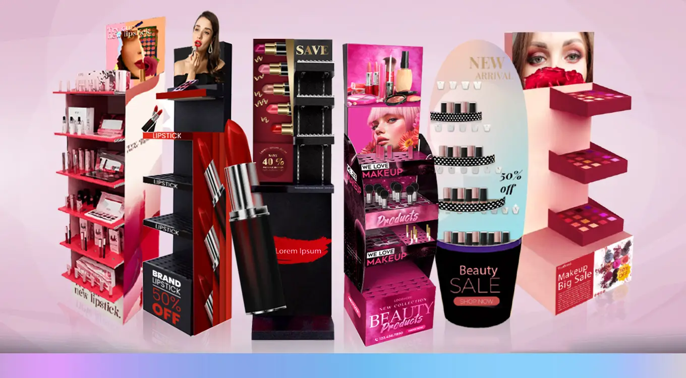 Customized cosmetic display boxes with various brand logos and colors