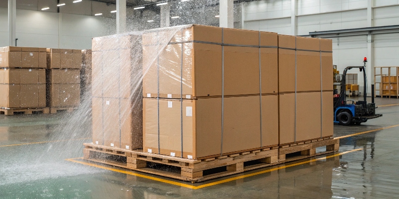 Secure and Damage-Free Display Delivery A securely palletized shipment of cardboard displays next to a waterproof test being performed.