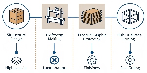 An infographic illustrating the sequential steps of cardboard display manufacturing.