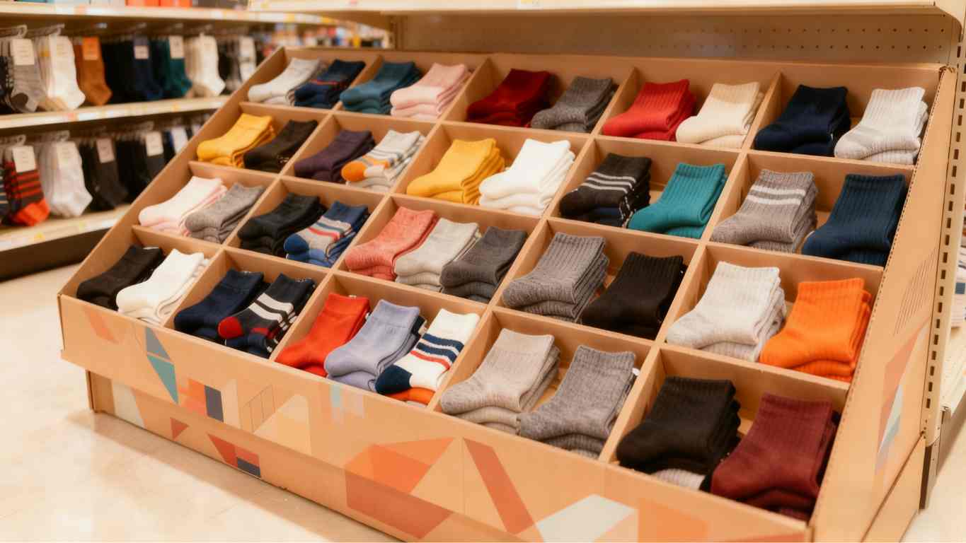 A perfectly organized PDQ tray on a retail shelf, showcasing different colors of socks neatly separated by dividers.