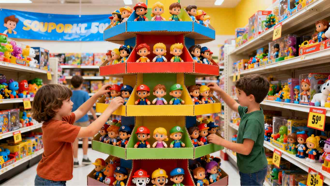 A child excitedly pointing at a toy on the lower shelf of a colorful FSDU while a parent looks on.