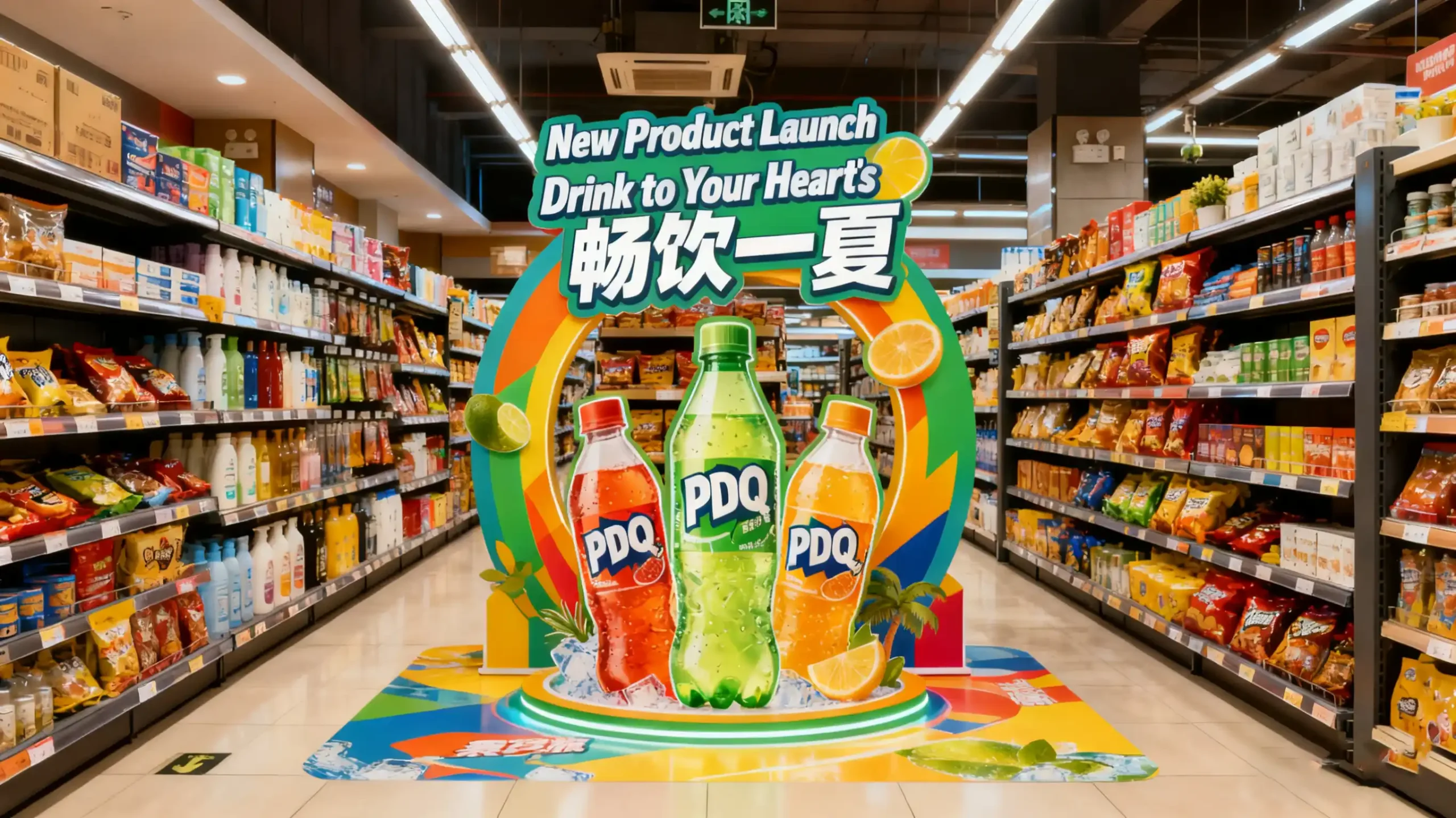 A tall, narrow totem display with bold graphics in a busy aisle