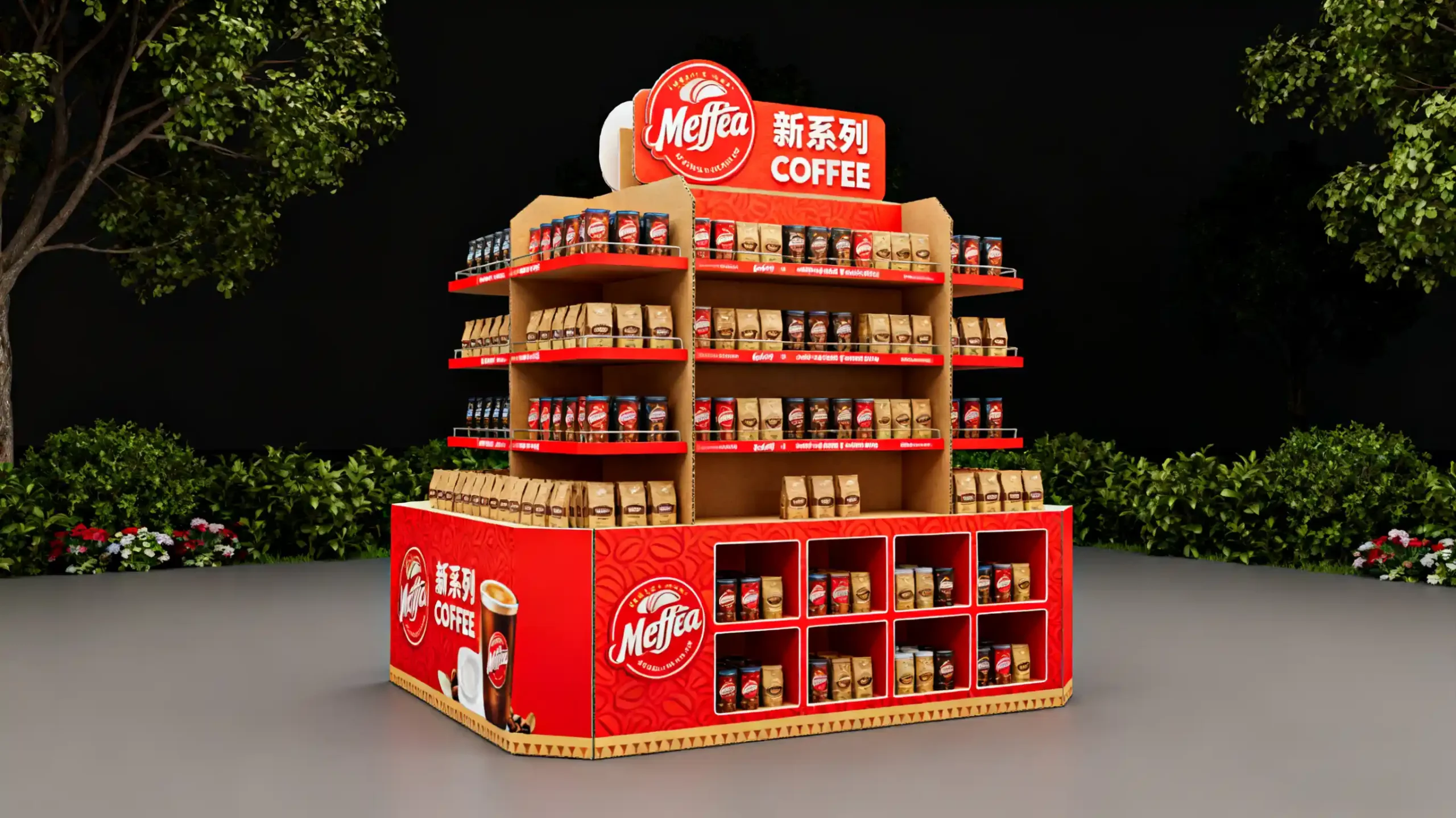 A massive, beautifully designed endcap display for a new line of coffee products, featuring multiple display types.