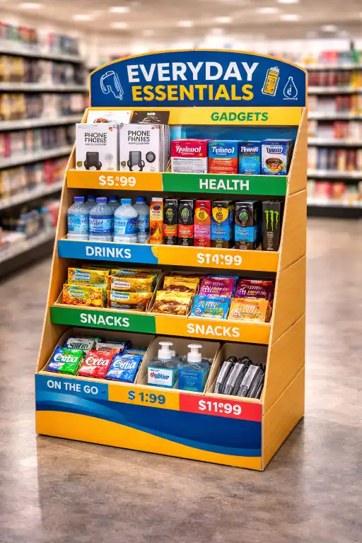 A stylish and sturdy corrugated cardboard display holding multiple products.