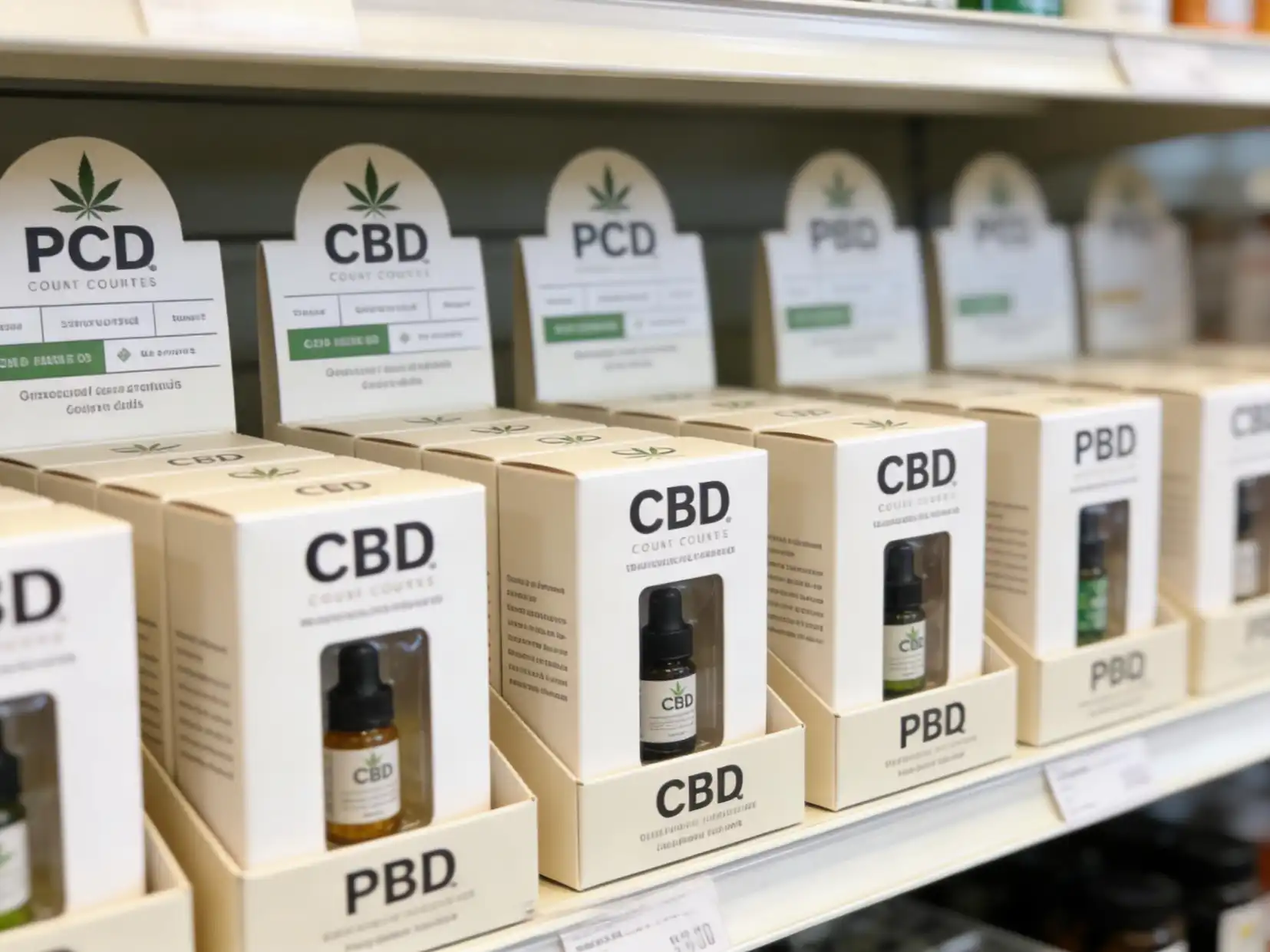 A collection of well-designed CBD display boxes on a retail shelf.