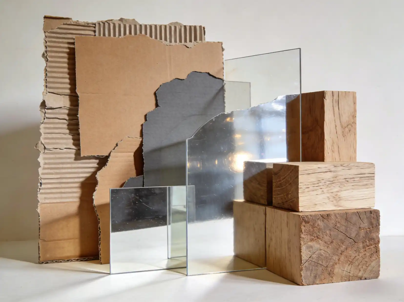 Cosmetic Display Materials A collage of different materials like cardboard, acrylic, and wood for displays.