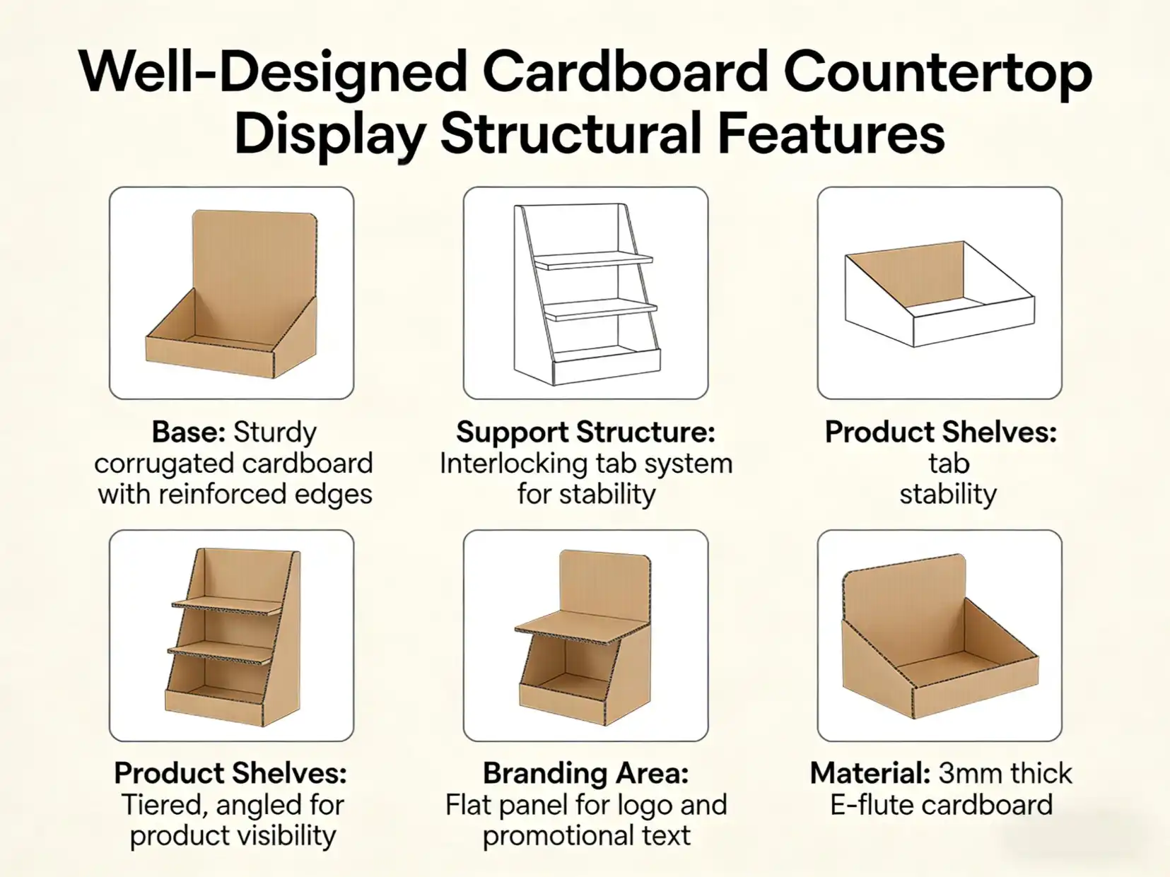 Cosmetic Display Structural Design A diagram showing the structural features of a well-designed countertop display.
